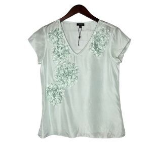 Talbots Silk Cap Sleeve Beaded V-Neck Embellished Dressy Top‎ Mint 2